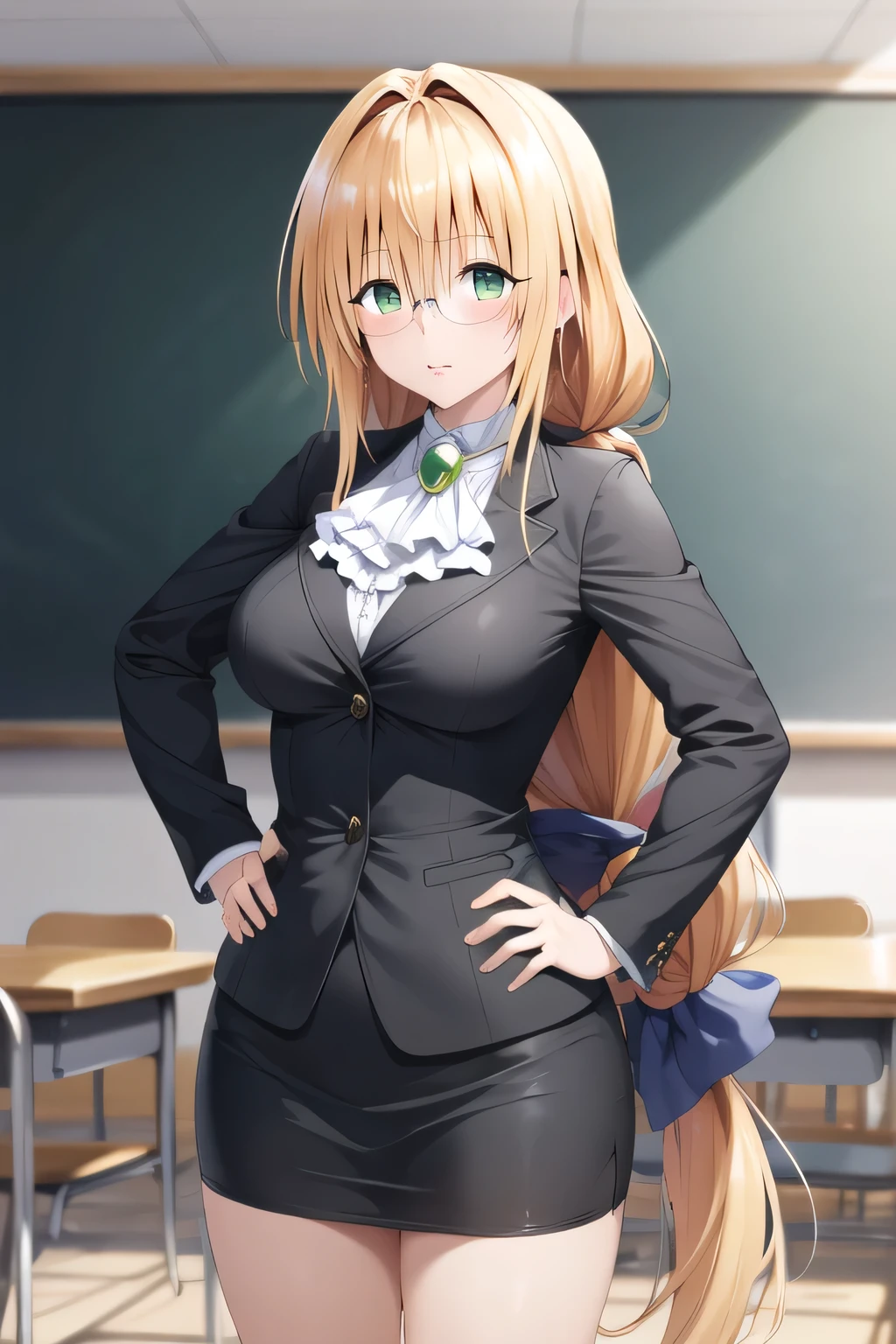 masterpiece, Highest quality, High resolution, Atearge, Very long hair, Long hair tied low, Hair Ribbon, Green Eyes, Glasses, Large Breasts, White Ascot, Black jacket, Long sleeve, Black Skirt, Place your hands on your hips, Are standing, Cowboy Shot, classroom, blackboard,