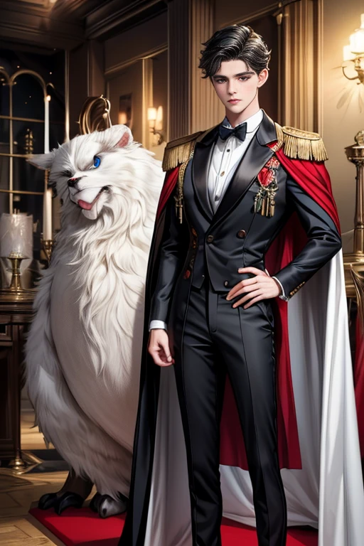 
masterpiece, 最high quality, high quality, 1 boy, alone, Male focus, Watching the audience,  Messy black hair, Adorable big blue eyes, White, Noble, Noble,A sexy, voluminous, puffy cape、tuxedo、A very voluminous, large, very large, very large, long, long red and black cape with a high stand-up collar, made of a lot of fabric that reaches down to the floor., 17 years old,Cute beautiful boys,Cute, cute, kind, handsome guy
