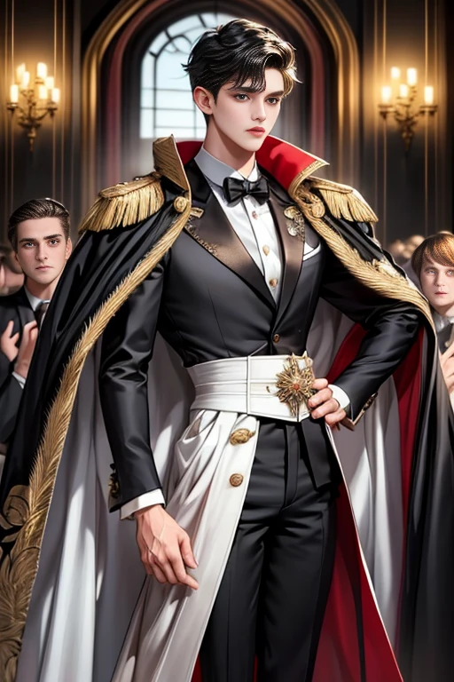 masterpiece, 最high quality, high quality, 1 boy, alone, Male focus, Watching the audience, Messy black hair, Adorable big blue eyes, White, Noble, Noble,A sexy, voluminous, puffy cape、tuxedo、A very voluminous, large, very large, very large, long, long red and black cape with a high stand-up collar, made of a lot of fabric that reaches down to the floor., 17 years old,Cute beautiful boys,Cute, cute, kind, handsome guy