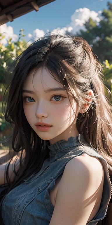 masterpiece: 1.2, Portraiture, Highest quality), Realistic, (Live Action, Intricate details, Written boundary depth), Highest quality, masterpiece, Attention to detail, semi-Realistic, Sleeping on the grass, shy, 21 years old, Short blonde, blue eyes, blonde、 Slim figure、Shoulder Bare、Shorts 、Blue sky and a few clouds、Rolling on the lawn