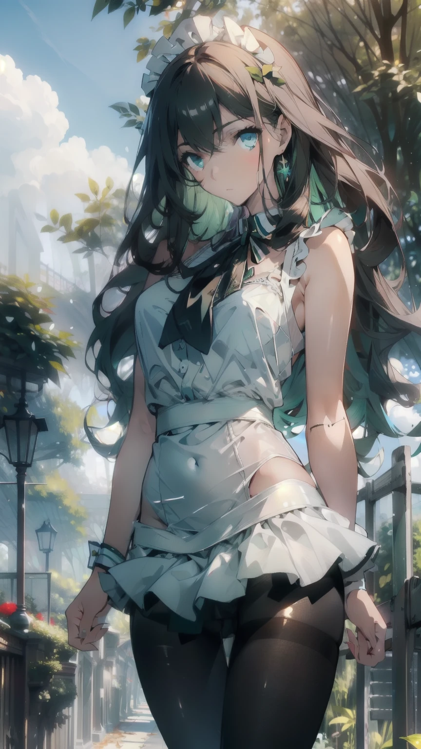 ((masterpiece, Highest quality)), Delicate face，Maid，whole body，Character portrait，Long legs，Large Breasts，Gradient long wavy hair，Perfect Body Proportions，Nice green eyes，Very beautiful，transparent， Pure white background，Fallen leaves in the garden，sexy_bikini，race，pantyhose