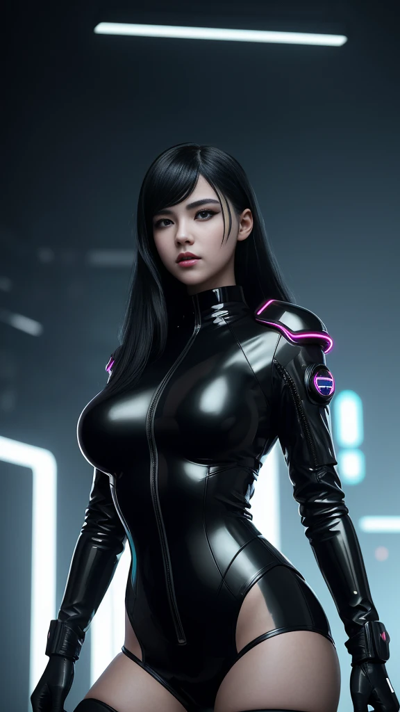 cyberpunk  girl, wearing black latex, neon, glamorous, sci-fi, cyberpunk, perfect light perfect composition Beauty Award winning masterpiece Artstation 8 k Artgerm Mucha Dim Volumetric lighting Octane 18 k Beautiful detail rendering. post processing, portrait, exaggerated detail, complex, grand composition, cinematic lighting, masterpiece, trending art station, high detail, masterpiece, beautiful, 18k , HDR, smooth, sharp focus, high resolution