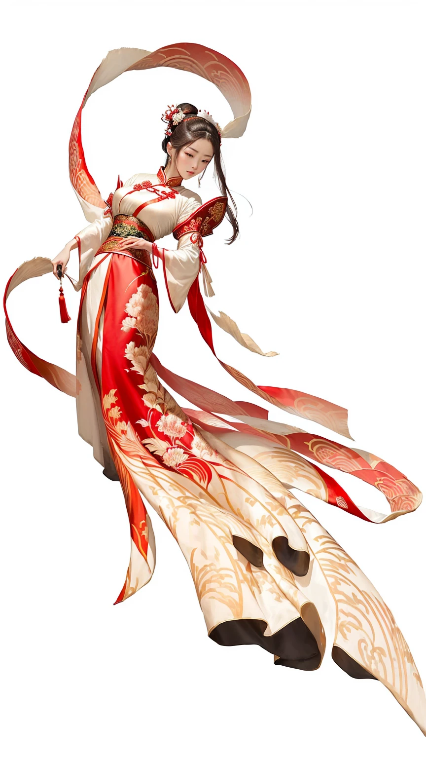 There was a lady in a red and white dress,Holding a red ribbon in hand, ancient Chinese Princess, Ancient Chinese Goddess, palace , Girl wearing Hanfu, Wearing ancient Chinese clothes, Chinese Beauty, Asian Dynasty Princess, Chinese Princess, A beautiful artistic illustration, Chinese Ribbon Dance, Chinese Art Style, Wearing gorgeous silk clothes, Wearing Chinese clothing