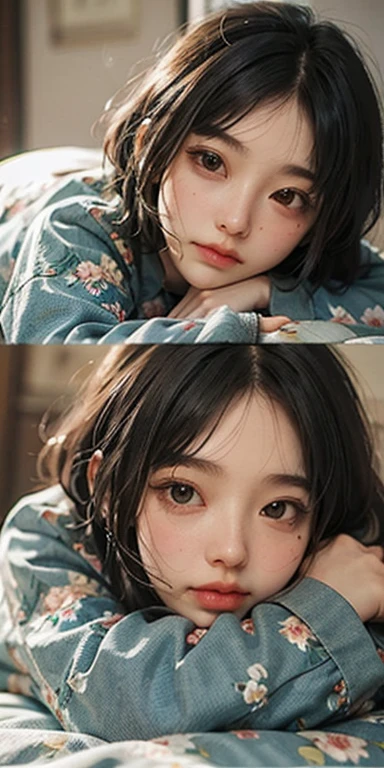 Cute girl lying face down on the bed and looking at you, 22 years old, Realistic, She wears a short, She is wearing floral pajamas, short hair.Shoulder Bare