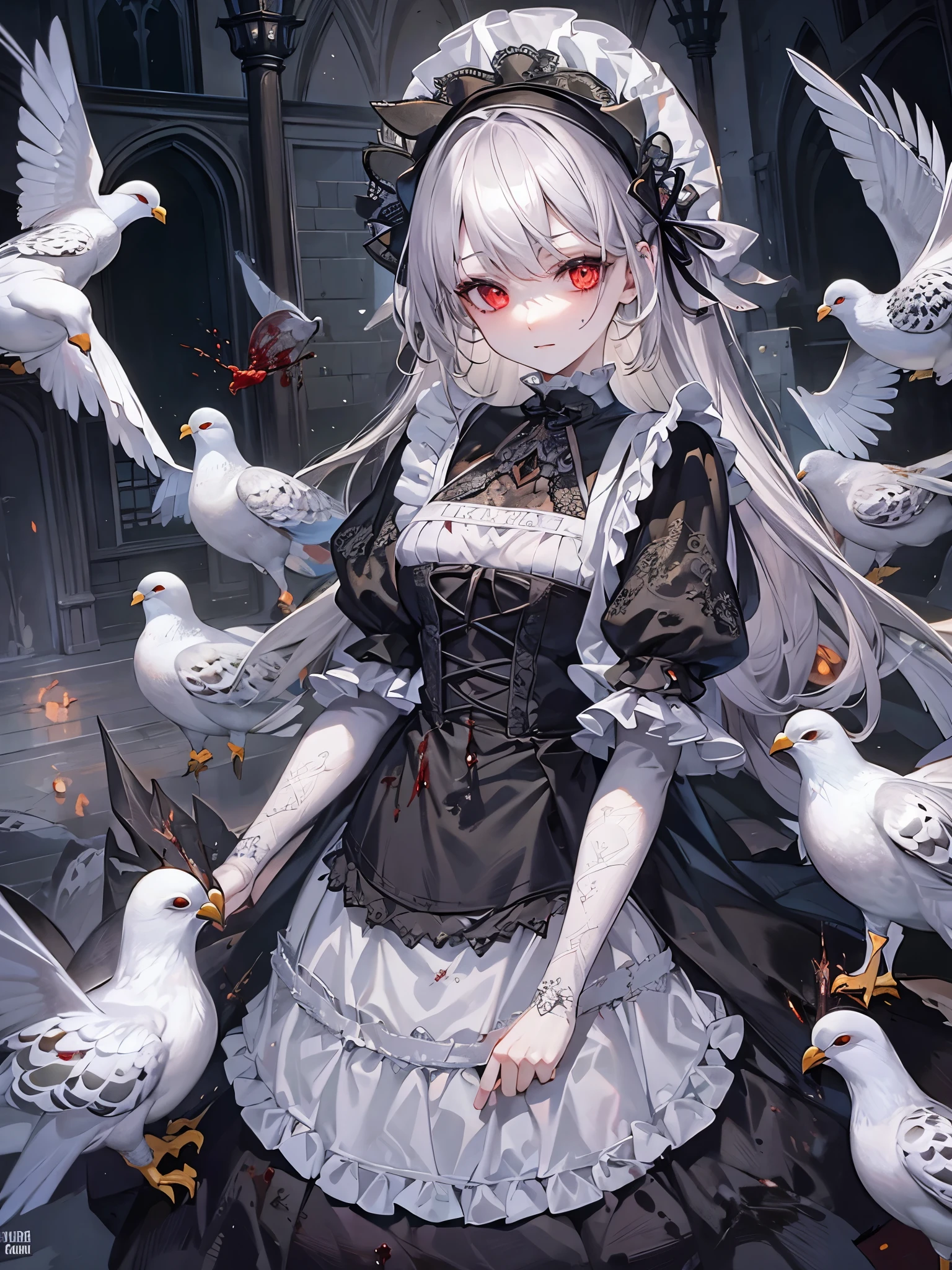 ((Highest quality)),(Ultra-high resolution),(Super detailed),(Detailed Description),((The best CG)),(masterpiece),Highly detailed art,(Art with precise detail:1.5), ((mysterious:1.7)),(Pale Skinned Maid:1.6),(Intricately detailed maid outfits:1.5),(Expressionless:1.5),(Condescending Gaze:1.2),(Pigeon Blood Eyes:1.6), (Gothic Horror:1.7)