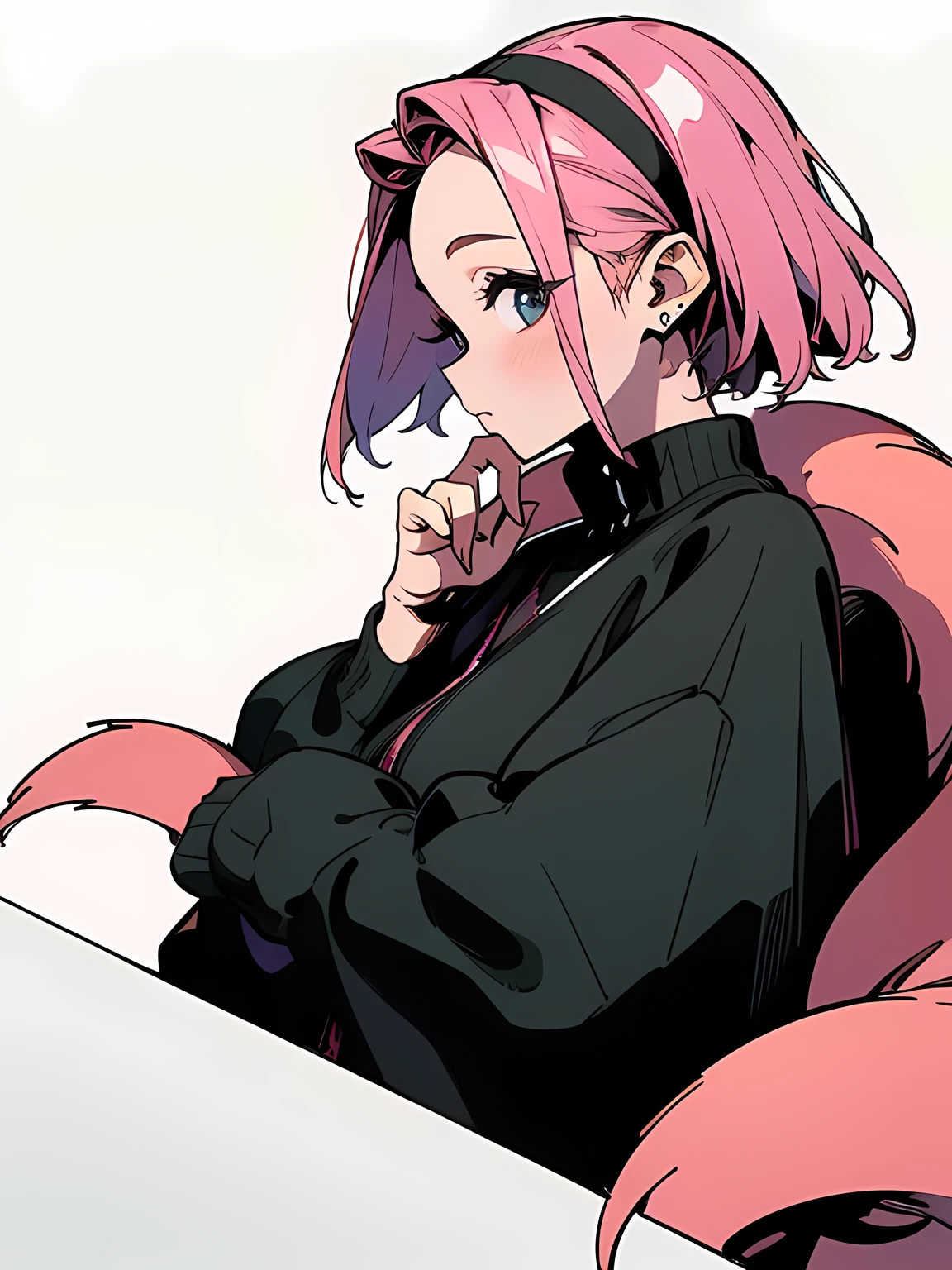 sideview,solo, looking at viewer,big forehead,upperbody,Pink Hair，Black clothes，White Background，Front right，Surprised expression，head band，Double Tail,Study at the table,praise,Chill,Private room，wallpaper，Wide Format