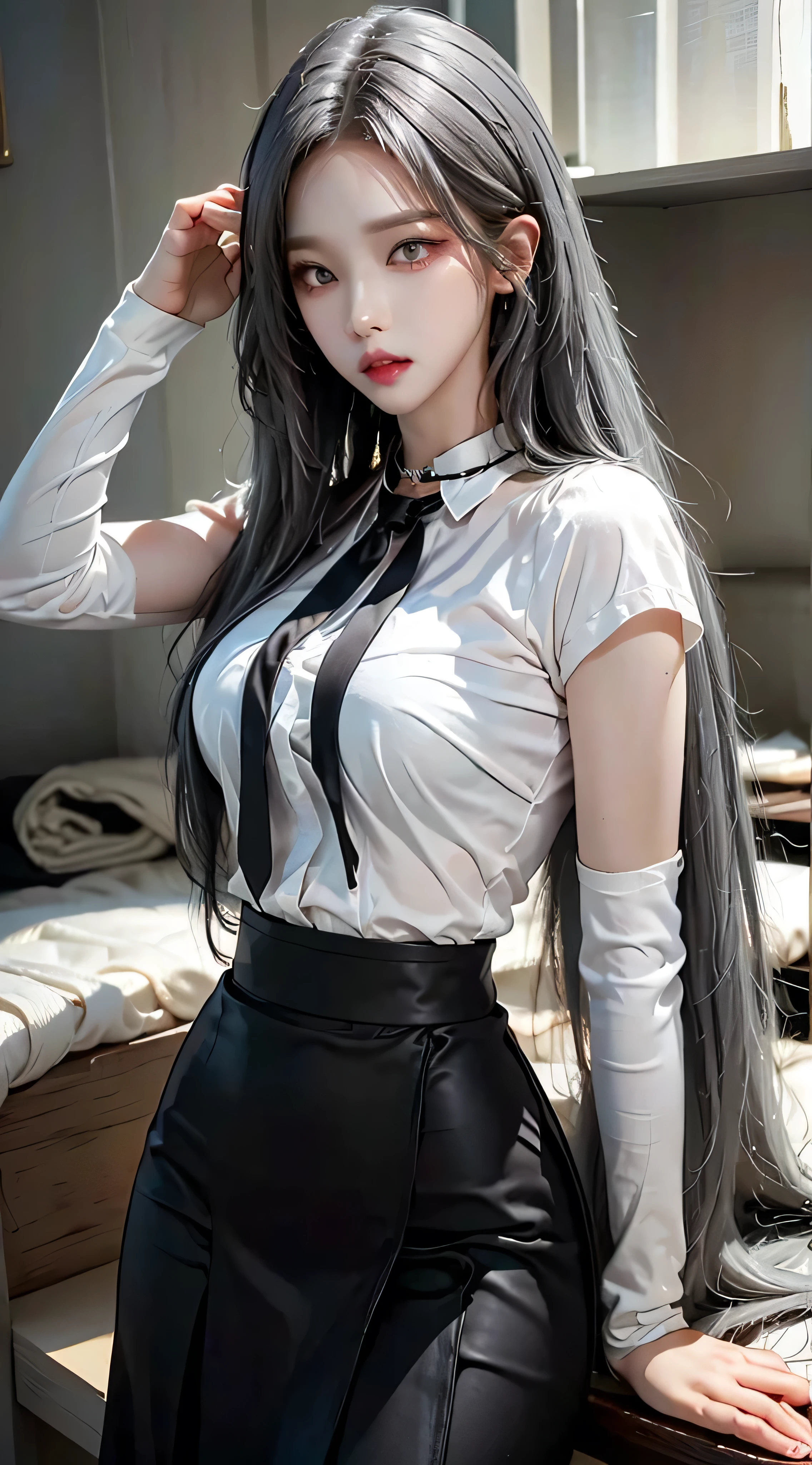 (masterpiece:1.5, Highest quality, Very detailed、 Dutch Angle、Realistic、Fantasy)(One girl, alone)(White and beautiful hair:1.4,,Straight Long Hair、medium breasts)(Office uniform, White shirt, Black Skirt, Black Stockings, garter belt、 Beautiful soldier, Eyes that tempt the viewer, attractive expressions, Sexy smile, Perfect Style, Perfect balance, Fine skin, Naughty look, Beautiful cleavage)、((Glowing Skin、Tattoo、))(From behind:1.4,The buttocks are slightly visible、Legs wrapped in tights)(Soft Light、Monotone abstract background)(Hip Up)