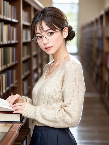   (8k, RAW photo, best quality, masterpiece), (photo realistic), outstanding details, ultra-high resolution, anatomically correct, textured skin, ((Extremely precise and accurate anatomy)),

A cute 28-year-old Japanese woman, librarian arranging books in the library, 

(fearless smile),  
(Downturned Eyes:1.2), (kind eyes:1.2) , kind Gaze, 
(low and small chignon:1.4), (Rimless round glasses), 

looking at viewer, 
pupils sparkling,  thin lips, Mouth slightly open, 
dark brown hair, Forehead, 
off-white simple summer sweater, simple cotton Light brown flared skirt, 
Earrings, Necklace, 

(background Spacious library interior, bookshelves), 
(backlighting), 
reflection light from below, 
atmospheric perspective, depth of field, 
(dramatic lighting), cinematic lighting, 