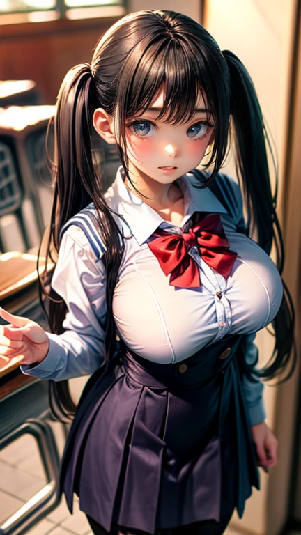 ((1 girl)), ((penis、Handjob))、masterpiece, Highest quality, 8k, Young and beautiful girl, Baby Face、The clothes are big 、Morphologically correct、 (Round face),  Cute Face, Thighs, smile、 Compensate, 10 generations, Detailed face, Background Blur、((((((high school girl))))))、((pantyhose)), Clothes that fit the body, Written boundary depth,  ((Big Breasts)), (Black Hair)、(Low twin tails)