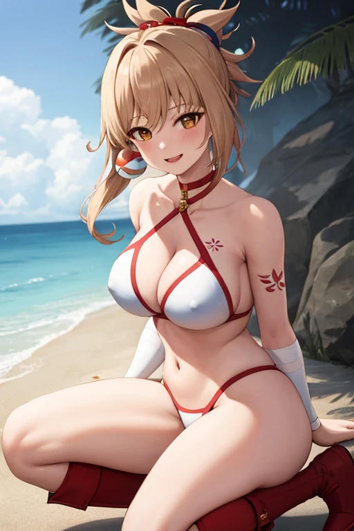 masterpiece, best quality, beautiful art, high resolution, well formed hands, body and fingers, 1 woman, solo, Yoimiya, full body picture, grown up, adult, large and rounded breasted, cleavage, hair ornament, wearing a Tyris Flare outfit ,  white_bikini, full body, sexy and skimpy  bikini, gorgeous  hips, legs and thighs bouncing breasts, red boots, dancing seductively and erotically, turning backwards and forwards, bikini thong, shaking her body alluringly, smiling joyfully, looking at the viewer, sweating , flirting, beach environment 