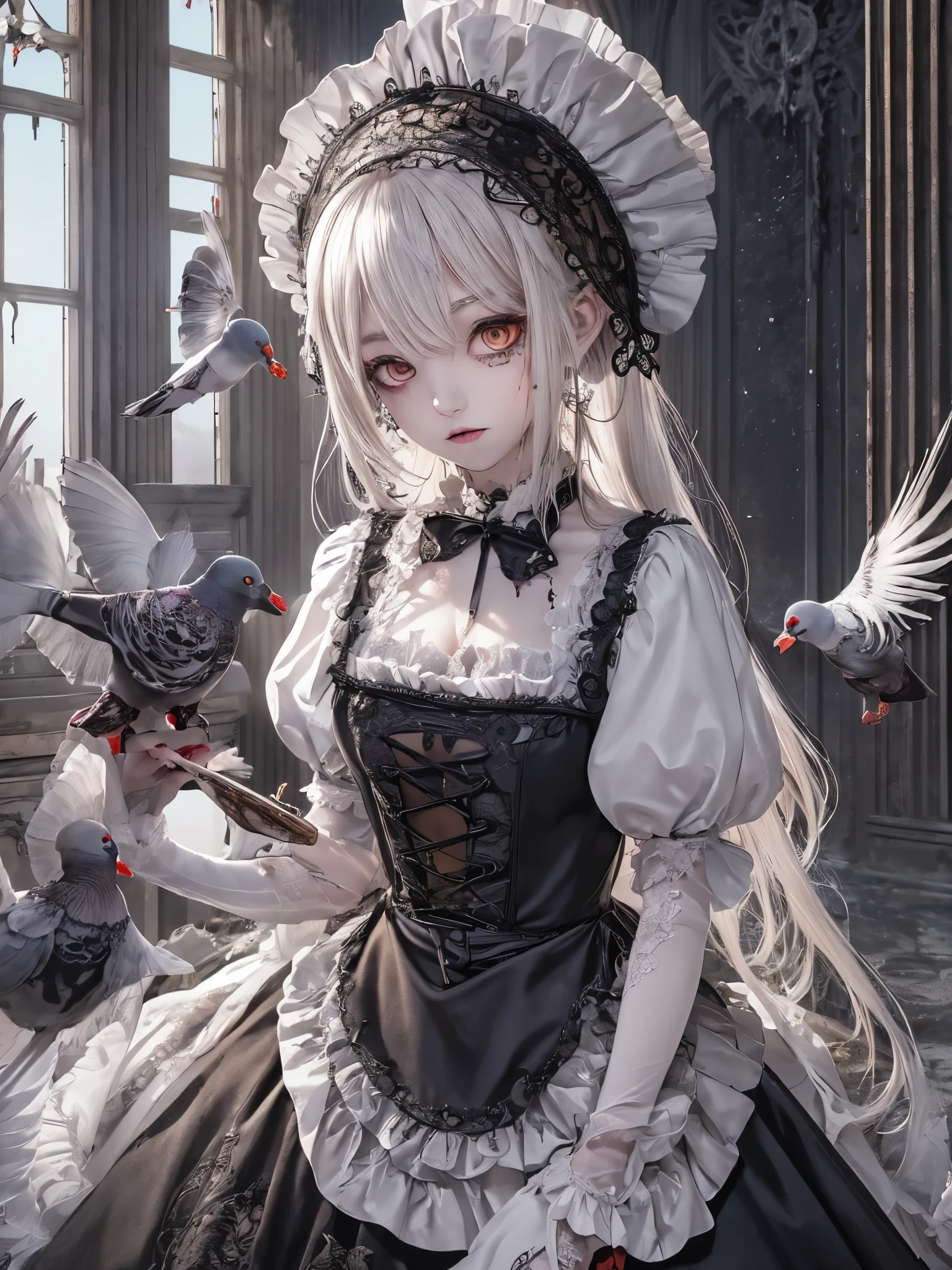 ((Highest quality)),(Ultra-high resolution),(Super detailed),(Detailed Description),((The best CG)),(masterpiece),Highly detailed art,(Art with precise detail:1.5), ((mysterious:1.7)),(Pale Skinned Maid:1.6),(Intricately detailed maid outfits:1.5),(Expressionless:1.5),(Condescending Gaze:1.2),(Pigeon Blood Eyes:1.6), (Gothic Horror:1.7)