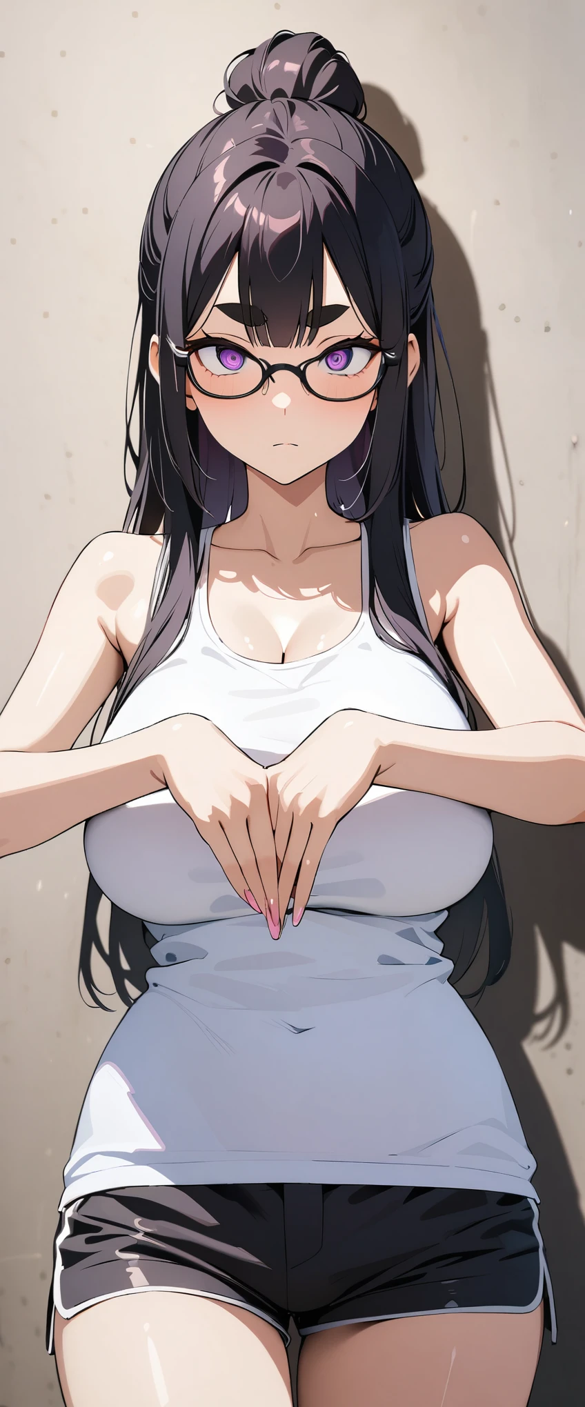 (Highest quality),(masterpiece), 8k,Very detailed, Detailed light, Best Shadow,Detailed reflective eyes, Very detailedな顔,Shiny Hair,Big Breasts,One person,woman,Gloss,Black Hair,Expressionless,(Hollow Eyes:1.2),(Condescending:1.2),Crazy Eyes,(Beautiful fingers:1.4),(Beautiful Hands:1.4),whole body,Tank top,Shorts,Black-rimmed glasses,Purple eyes,(thick eyebrows:1.2),(Long eyebrows:1.2),Cool,Glossの無い目,