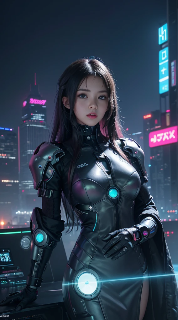 Best image quality, Masterpiece, Ultra-high resolution, (Fidelity:1.4), Photo,  Movie, ((cyber punk perssonage)), cyber outfit, Futuristic, ((Award-winning ultra-realistic photos))，（Hyper-detailing），（Complicated details），（High resolution CGI artwork 8k），a girl in，Cyberpunk-city。Futuristic style，There are many colors and LED lights。The cityscape should be very detailed，depth of fields。Create depth with atmospheric lighting，wide wide shot。Use atmospheric and volumetric lighting to enhance cityscape detail。illuminated by neon lights, Pastel textured colored background, Colourful, vibrant