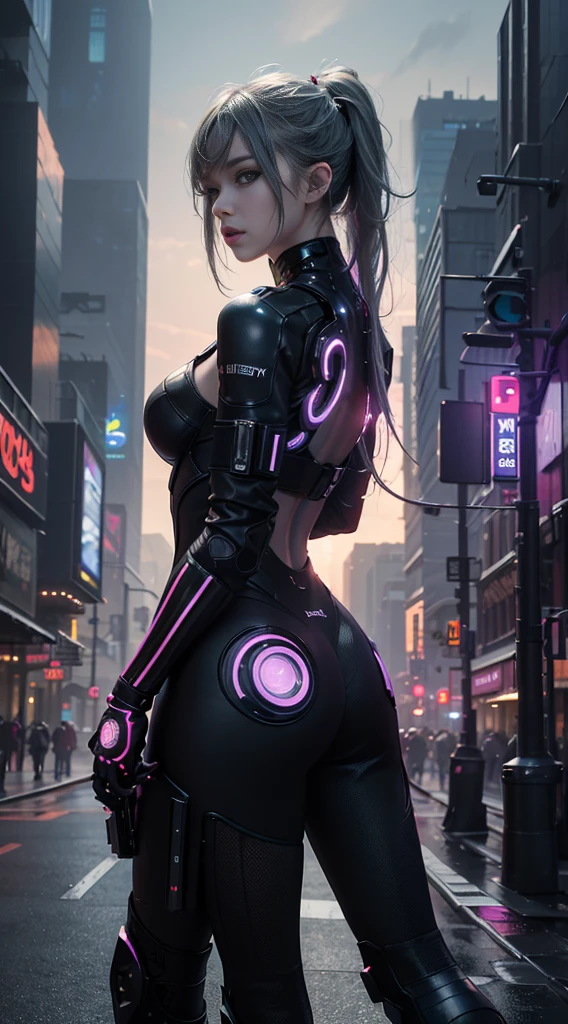 Best image quality, Masterpiece, Ultra-high resolution, (Fidelity:1.4), Photo,  Movie, ((cyber punk perssonage)), cyber outfit, Futuristic, ((Award-winning ultra-realistic photos))，（Hyper-detailing），（Complicated details），（High resolution CGI artwork 8k），a girl in，Cyberpunk-city。Futuristic style，There are many colors and LED lights。The cityscape should be very detailed，depth of fields。Create depth with atmospheric lighting，wide wide shot。Use atmospheric and volumetric lighting to enhance cityscape detail。illuminated by neon lights, Pastel textured colored background, Colourful, vibrant