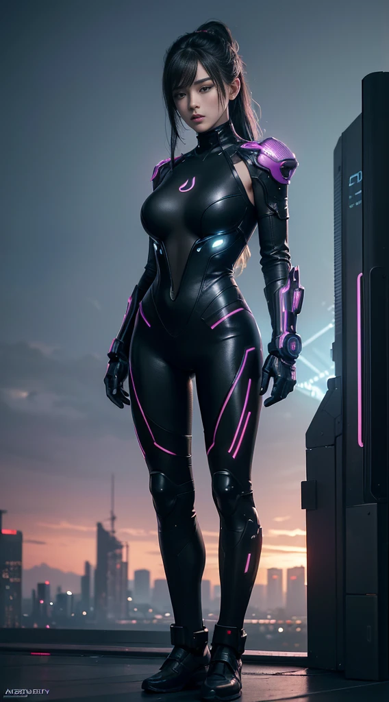 Best image quality, Masterpiece, Ultra-high resolution, (Fidelity:1.4), Photo, Movie, ((cyber punk perssonage)), cyber outfit, Futuristic, ((Award-winning ultra-realistic photos)),(Hyper-detailing),(Complicated details),(High resolution CGI artwork 8k),a girl in,Cyberpunk-city。Futuristic style,There are many colors and LED lights。The cityscape should be very detailed,depth of fields。Create depth with atmospheric lighting,wide wide shot。Use atmospheric and volumetric lighting to enhance cityscape detail。illuminated by neon lights, Pastel textured colored background, Colourful, vibrant
