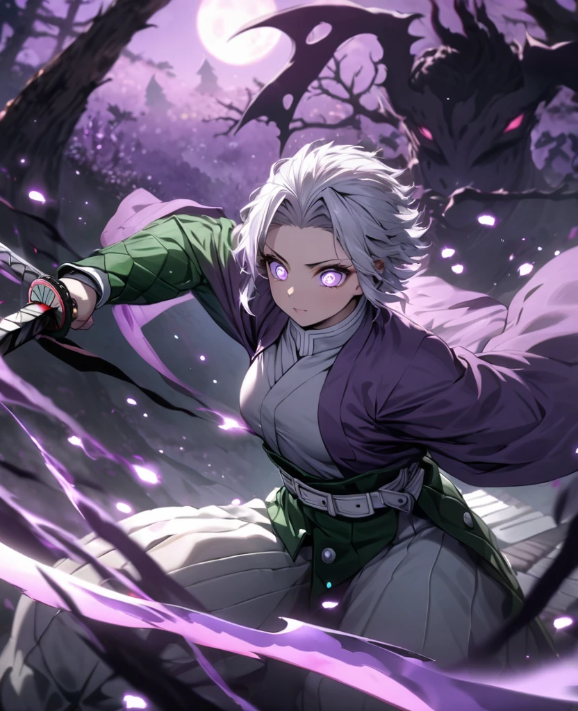 Ultra detailed, highres, absurdres, HDR, master piece,Muichiro, white hair, 6 eyes, violet haori, , Kimetsu No Yaiba, fantasy, half moon purple smoke from sword, girl grabbing a sword, solo, magic, shining purple fireflies, lavender moon, best quality, extremely detailed face and eyes, stars, grabbing a sword ((((Shinobu from demon slayer))))