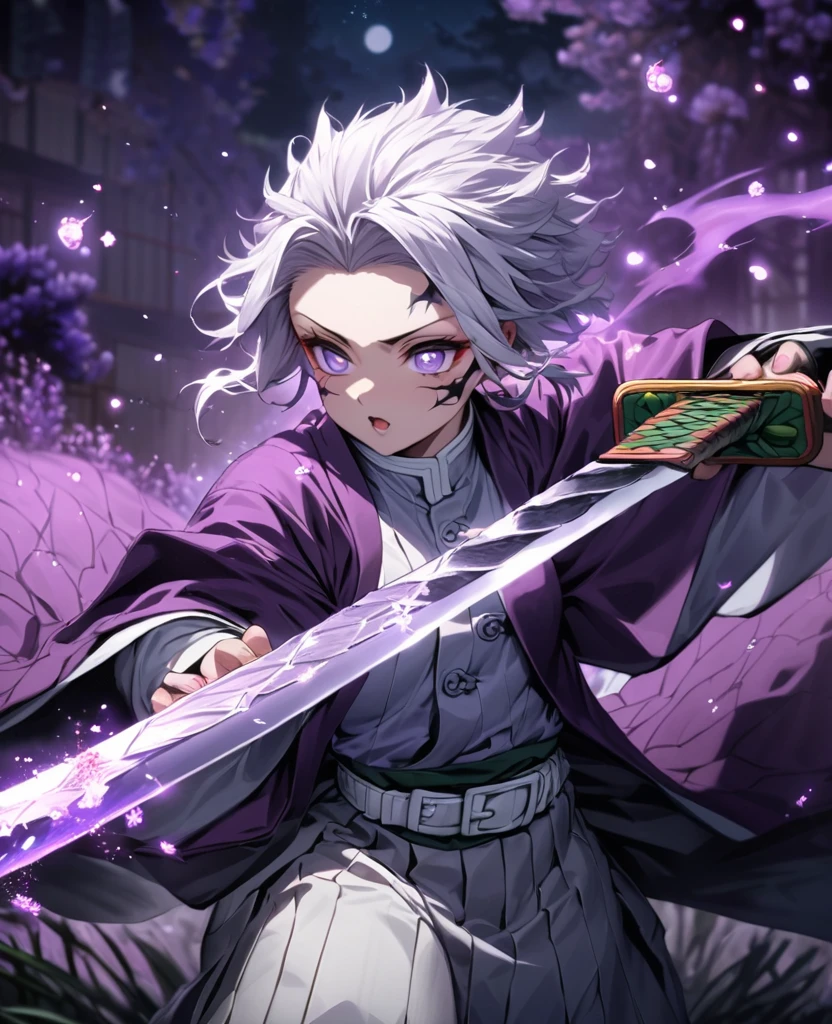 Ultra detailed, highres, absurdres, HDR, master piece,Muichiro, white hair, 6 eyes, violet haori, , Kimetsu No Yaiba, fantasy, half moon purple smoke from sword, girl grabbing a sword, solo, magic, shining purple fireflies, lavender moon, best quality, extremely detailed face and eyes, stars, grabbing a sword ((((Shinobu from demon slayer))))