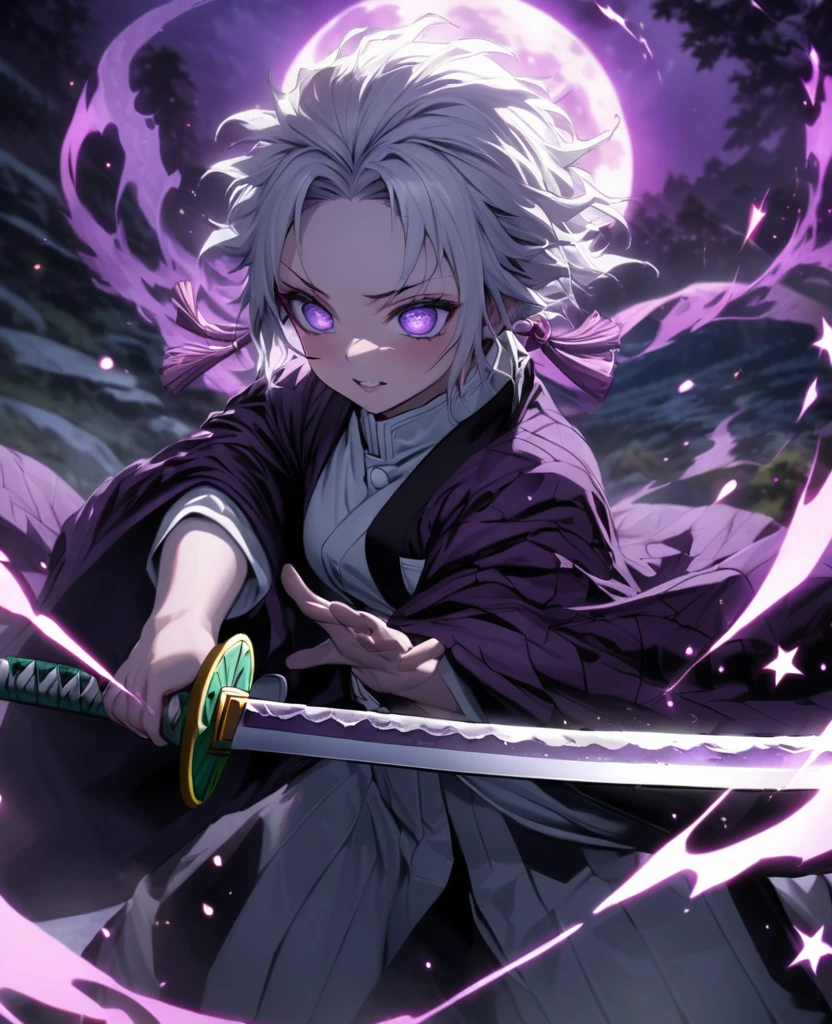 Ultra detailed, highres, absurdres, HDR, master piece,Muichiro, white hair, 6 eyes, violet haori, , Kimetsu No Yaiba, fantasy, half moon purple smoke from sword, girl grabbing a sword, solo, magic, shining purple fireflies, lavender moon, best quality, extremely detailed face and eyes, stars, grabbing a sword ((((Shinobu from demon slayer))))