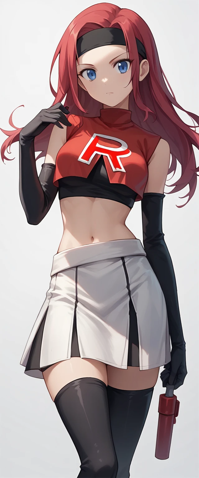 (masterpiece, best quality:1.2), solo, 1girl, Tomori Nao, looking at viewer, headband, team rocket,team rocket uniform,white skirt,red letter R,crop top,black thigh-highs,black elbow gloves