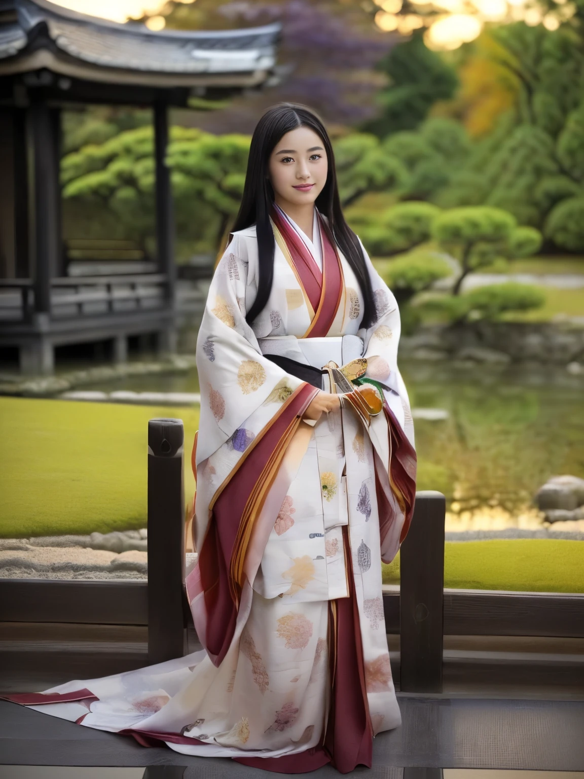 Front view , ((Full-body, standing on garden), a Japanese ancient girl, looking at viewer, beautiful Japanese Young General, girl is 20 years old, (Highly detailed face, Black hair ,Brown eye, Variegated eyes, Fuller lips, little Lips, little smile), (middle breasts, middle hip), (Japanese kimono, flower pattern), standing in Japanese Palace, near Garden, sunset ,(masterpiece, Highest quality, masterpiece, God-like quality, Godly art, , Very realistic)
