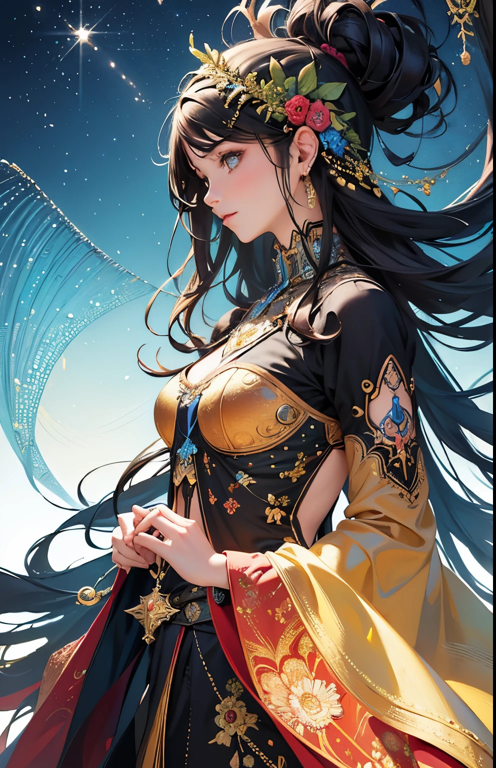 (8k image, RAW:1.2),Best quality, Ultra high resolution,Stunning angles,(Splash of color with swaying details), (Illustration),(((1 man)))),(Long hair), (Hair accessory:1.4),Chinese dress,(Bare chest),Clear ink coloring,(Thin sketch:0.8) , Masterpiece, Best Quality, Beautiful Paint, High Detail, (Denoising:0.6), [Ink Splash], ((Refraction)), (Beautifully Detailed Skies), moon, high level, detail, (masterpiece, best quality, extreme detail CG Unity wallpaper 8k, masterpiece, best quality, special details),