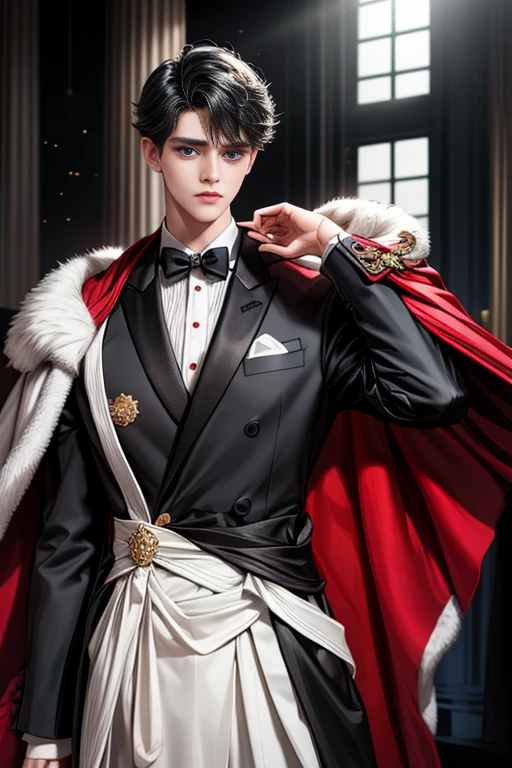 masterpiece, 最high quality, high quality, 1 boy, alone, Male focus, Watching the audience, Messy black hair, Adorable big blue eyes, White, Noble, Noble,A sexy, voluminous, puffy cape、tuxedo、A very voluminous, large, very large, very large, long, long red and black cape with a high stand-up collar, made of a lot of fabric that reaches down to the floor., ,Cute beautiful boys,Cute, cute, kind, handsome guy