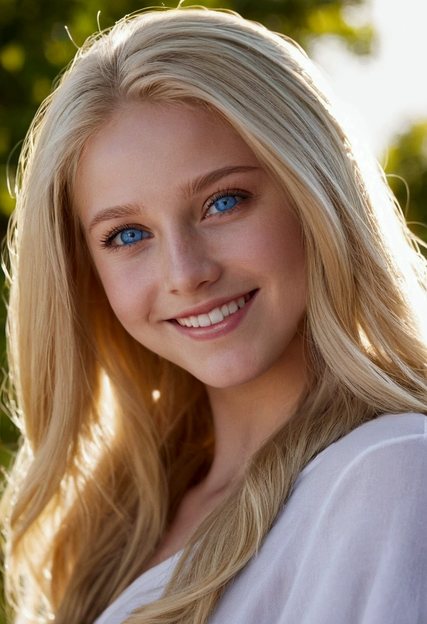 1girl, blonde, blue eyes, long hair, smiling, low angle shot