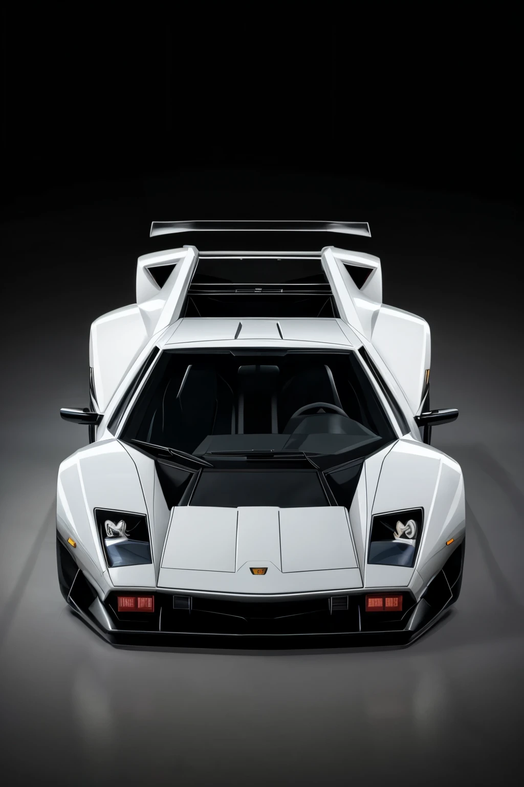 Draw a captivating fusion of a White Lamborghini Countach and a robotic shark design in three intricately detailed frames:

1. Front view:
The frame captures the White Lamborghini Countach's iconic design, seamlessly blended with the sleek and menacing body of a robotic shark. The shark's jaws replace the traditional Lamborghini grille, while the headlights transform into piercing, glowing eyes. The Countach's signature scissor doors are still present, just now adorned with iridescent scales that shimmer beneath the sunlight. The Lamborghini countach logo remains, but now it is
