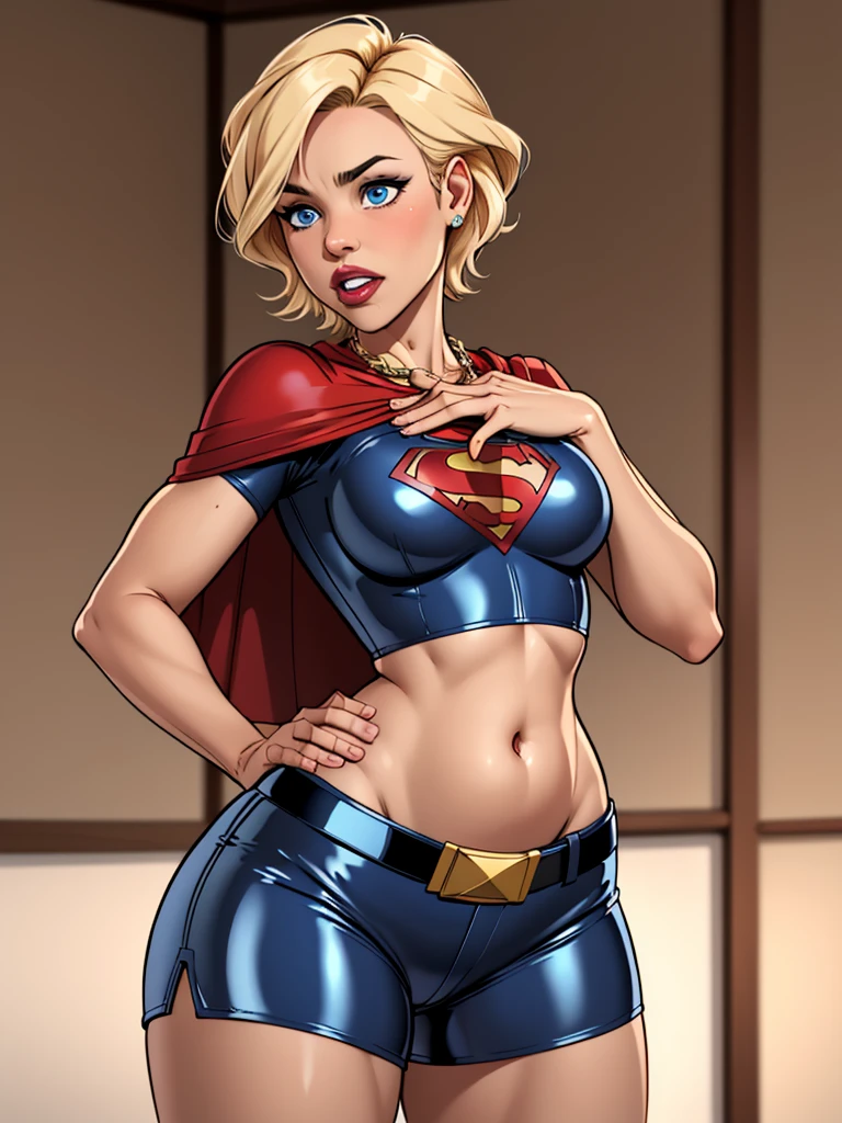 Blonde girl with short hair, blue eyes, wearing a blue hero costume, wearing a shirt with latex sleeves, belly showing, wearing blue latex shorts and wearing a red cape 