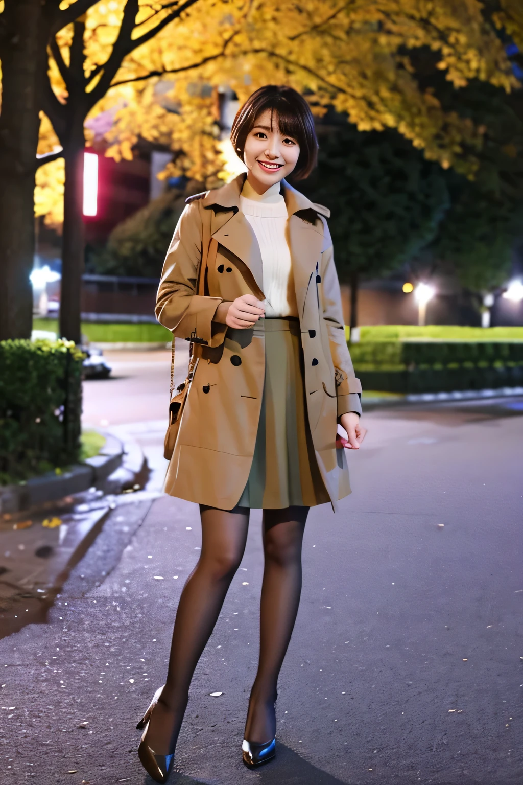 Woman wearing a trench coat、Knee-length skirt、tights、Pumps Full body photo,Short Haircut、smile、Background is a park at night