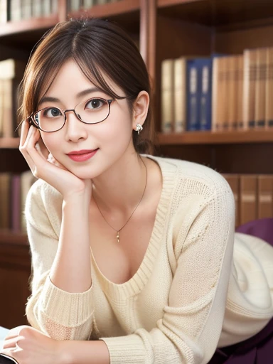 (8k, RAW photo, best quality, masterpiece), (photo realistic), outstanding details, ultra-high resolution, anatomically correct, textured skin, ((Extremely precise and accurate anatomy)),
A cute 28-year-old Japanese woman, librarian arranging books in the library,
(fearless smile),
(Downturned Eyes:1.2), (kind eyes:1.2) , kind Gaze,
(low and small chignon:1.4), (Rimless round glasses),
looking at viewer,
pupils sparkling, thin lips, Mouth slightly open,
dark brown hair, Forehead,
off-white simple summer sweater, simple cotton Light brown flared skirt,
Earrings, Necklace,
Full Shot, whole body, (height: 148cm), High heels Has two legs,Has two arms、Has two legs, You need two arms,
(background Spacious library interior, bookshelves),
(backlighting),
reflection light from below,
atmospheric perspective, depth of field,
(dramatic lighting), cinematic lighting,