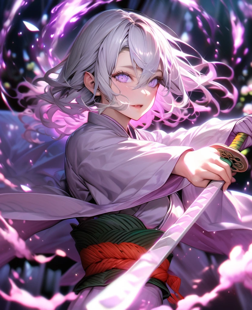 Ultra detailed, highres, absurdres, HDR, master piece,Muichiro, white hair, 6 eyes, violet haori, , Kimetsu No Yaiba, fantasy, half moon purple smoke from sword, girl grabbing a sword, solo, magic, shining purple fireflies, lavender moon, best quality, extremely detailed face and eyes, stars, grabbing a sword ((((Mitsuri from demon slayer))))