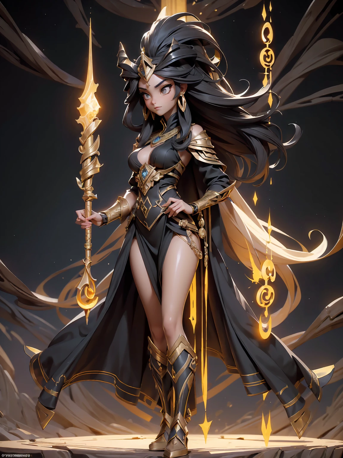 (((masterpiece, best quality, high detailed, 16k))) (1girl) A stunningly beautiful  desert mage, her eyes gleaming with ancient wisdom and unmatched power. Her hair flows like dark silk, contrasting with the golden hues of the desert. She wears a majestic armor reminiscent of Anubis, adorned with intricate hieroglyphs and symbols of protection and power. The armor, a blend of black and gold, is both elegant and imposing, with details that evoke the majesty of ancient Egyptian gods. She carries a staff topped with a gleaming ankh, emanating a radiant energy. Draped over her shoulders is a flowing cape that billows in the desert wind, adding to her regal and mysterious aura. Her presence exudes unparalleled beauty and an aura of unmatched magical prowess, with a powerful, enchanting energy that seems to ripple through the air around her. ((full body view:1.4))