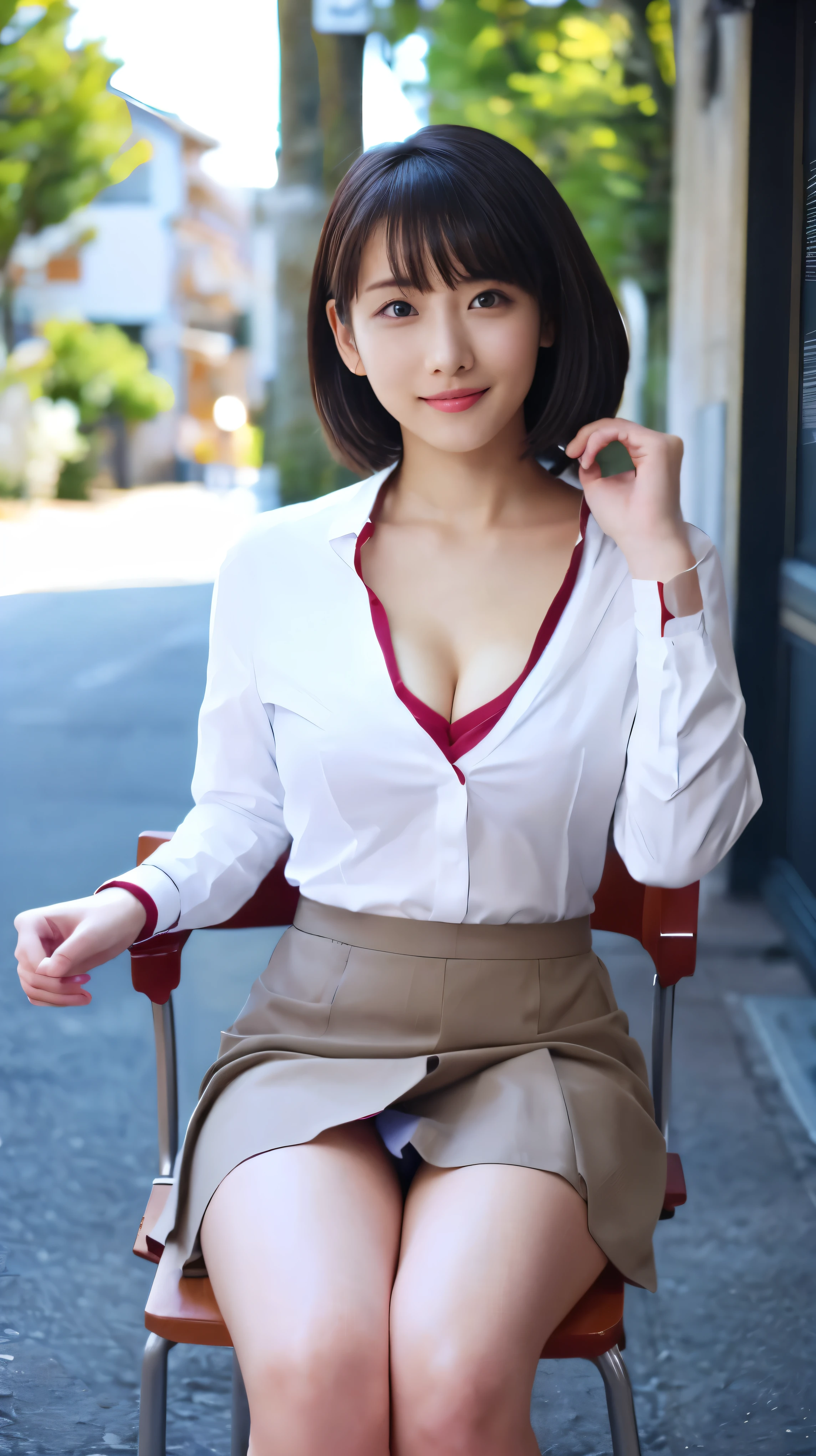 Panty Shot、Browsing Caution,(1 female),beauty,Beautiful Face,smile,(Japanese school uniform:1.2),(Open clothes:1.2,:1.2,mini skirt)A dignified appearance,Plump Style,(Big Breasts:1.3)、(If you look at this、Front view),Focus on the chest,ultra-realistic,Ultra-high resolution,Highest quality,8k,masterpiece,(Random Time,)、The cutest Yoshioka Riho,(Short Bob Hair:1.3),(Portraiture:1.2),(Nipple stand:1.2),(Sitting on a chair and showing underwear:1.4),Are standing,(8k, RAW Photos, Highest quality, :1.2), (Realistic, Photorealistic:1.37),One Girl, Professional Lighting, Photon Mapping, , RAW Photos、(Photorealistic:1.4)、Octane Rendering、Complex 3D rendering with ultra-detail, Studio Soft Light, Rim Light, Vivid details, Super Detail, Realistic skin texture, Detailed aspect, Beautiful details in the eyes, Highly detailed CG Unity 16k wallpaper, compensate, (Detailed Background:1.2),huge 、Highest quality, Ultra-high resolution, Tabletop, One Girl,Brown Hair,(short hair), 20-year-old,（Very cute dress and skirt、uniform)), Cute Face、((Short pleated skirt))、Nogizaka Idol、Korean Idol、Japan is an idol、((Cleavage))