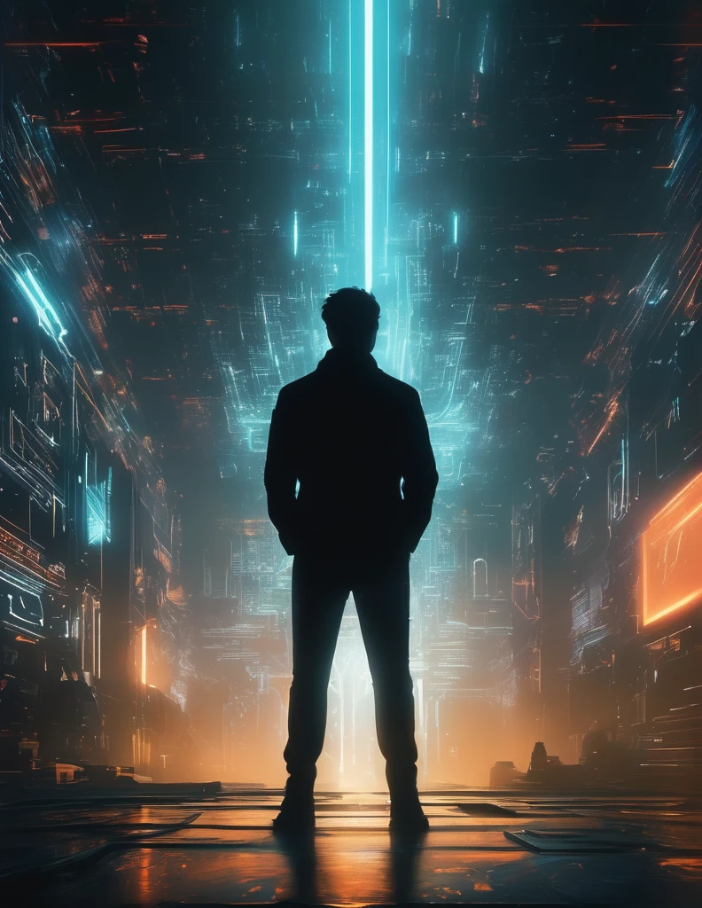 standing in stark silhouette, features in glowing accent illuminate, clothing and structure darkly hued, but with circuit-like lights imbued: coldly the scene visually set, digital beings games ruminate
