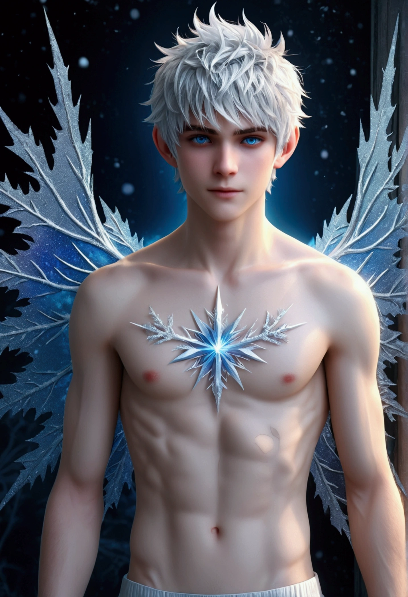 (Jack Frost: 1.6), full full body shots  photorealistiic young man, fairy prince , 18 years old, milk white skin, blue eyes, white hair, shirtless, 6-pax abs, (full body shot), young boy, 18 years old, beutiful, perfect, milk white skin, slim body, very detailed blue eyes, very pale skin, barefoot in a snow forest, winter , white sparkling wing, . (masterpiece:1.4, best quality), (intricate detail), Unity 8k wallpaper, Ultra Detailed, (abstract art:1.2), (Anato Finnstark style:1.3), boy from another dimension, a symphony of iridescent colors merging and shifting seamlessly, dynamic pose with rotating patterns of energy around you, a mix of determination and serenity in his expression, a general feeling of transcendence and exploration, consumed by inner darkness, empty waiting you, (Beautiful cosmic eyes), perfect lighting, perfect shading, ( face), naked and nude