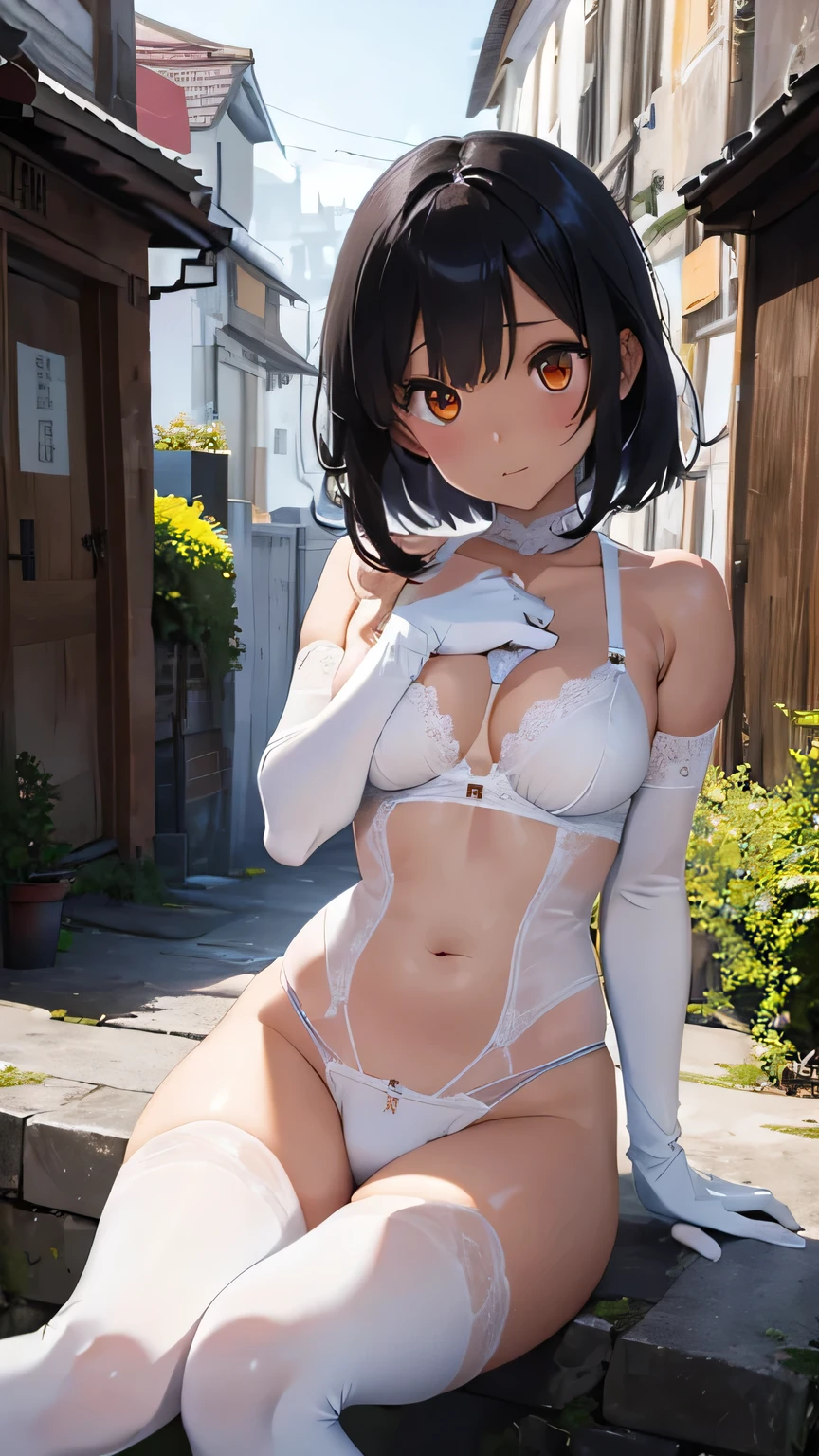 Highest quality、Realistic、woman、zoom、Orange eyes、Very short black hair、White Lingerie、thin、Large Breasts、Sunburn。Dark Skin、、White long gloves、White long boots