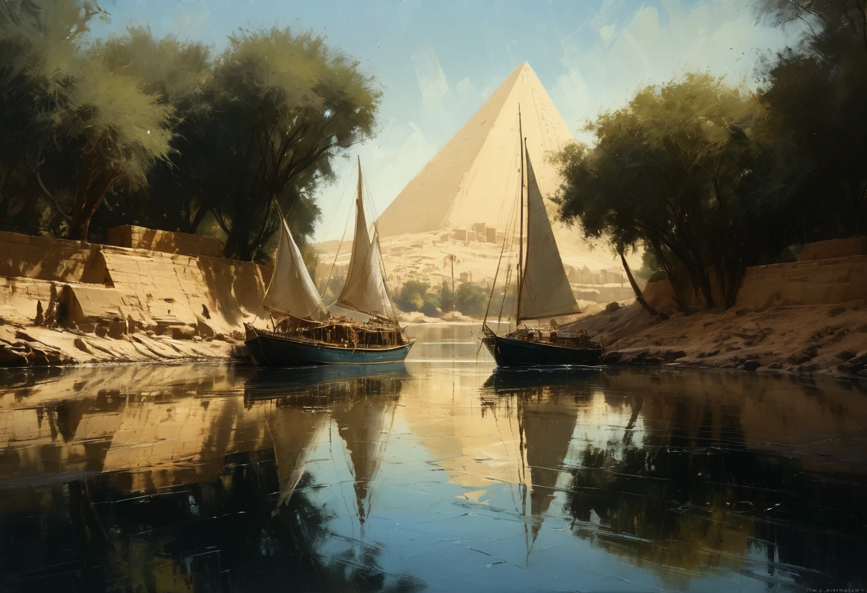 Jeremy Mann. (Nature and Landscapes painting) masterpiece. Impasto oil painting, textured. Saturated deep colors. High contrast. Detail. Multi-layered image with cellular shadows. Beautiful Landscapes, Perfect Nature, Nile landscape in Aswan, Sailboats on the Nile River Aswan, Clear Egyptian sky, featuring local flora and fauna, golden ratio, award winning, highly detailed, centered, drawn, complex, volumetric lighting, beautiful, masterpiece, depth of field, perfect composition, high resolution 8K, palette knife and brush strokes, Artistic style of a professional artist., epic royal background, big royal uncropped crown, royal jewelry, robotic, nature, full shot, symmetrical, Greg Rutkowski, Charlie Bowater, Beeple, Unreal 5, hyperrealistic, dynamic lighting, fantasy art