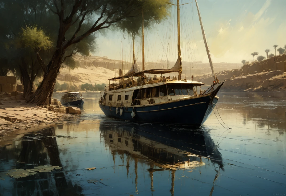 Jeremy Mann. (Nature and Landscapes painting) masterpiece. Impasto oil painting, textured. Saturated deep colors. High contrast. Detail. Multi-layered image with cellular shadows. Beautiful Landscapes, Perfect Nature, Nile landscape in Aswan, Sailboats on the Nile River Aswan, Clear Egyptian sky, featuring local flora and fauna, golden ratio, award winning, highly detailed, centered, drawn, complex, volumetric lighting, beautiful, masterpiece, depth of field, perfect composition, high resolution 8K, palette knife and brush strokes, Artistic style of a professional artist., epic royal background, big royal uncropped crown, royal jewelry, robotic, nature, full shot, symmetrical, Greg Rutkowski, Charlie Bowater, Beeple, Unreal 5, hyperrealistic, dynamic lighting, fantasy art