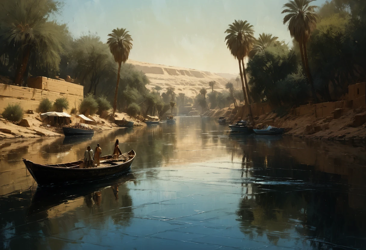 Jeremy Mann. (Nature and Landscapes painting) masterpiece. Impasto oil painting, textured. Saturated deep colors. High contrast. Detail. Multi-layered image with cellular shadows. Beautiful Landscapes, Perfect Nature, Nile landscape in Aswan, Sailboats on the Nile River Aswan, Clear Egyptian sky, featuring local flora and fauna, golden ratio, award winning, highly detailed, centered, drawn, complex, volumetric lighting, beautiful, masterpiece, depth of field, perfect composition, high resolution 8K, palette knife and brush strokes, Artistic style of a professional artist., epic royal background, big royal uncropped crown, royal jewelry, robotic, nature, full shot, symmetrical, Greg Rutkowski, Charlie Bowater, Beeple, Unreal 5, hyperrealistic, dynamic lighting, fantasy art