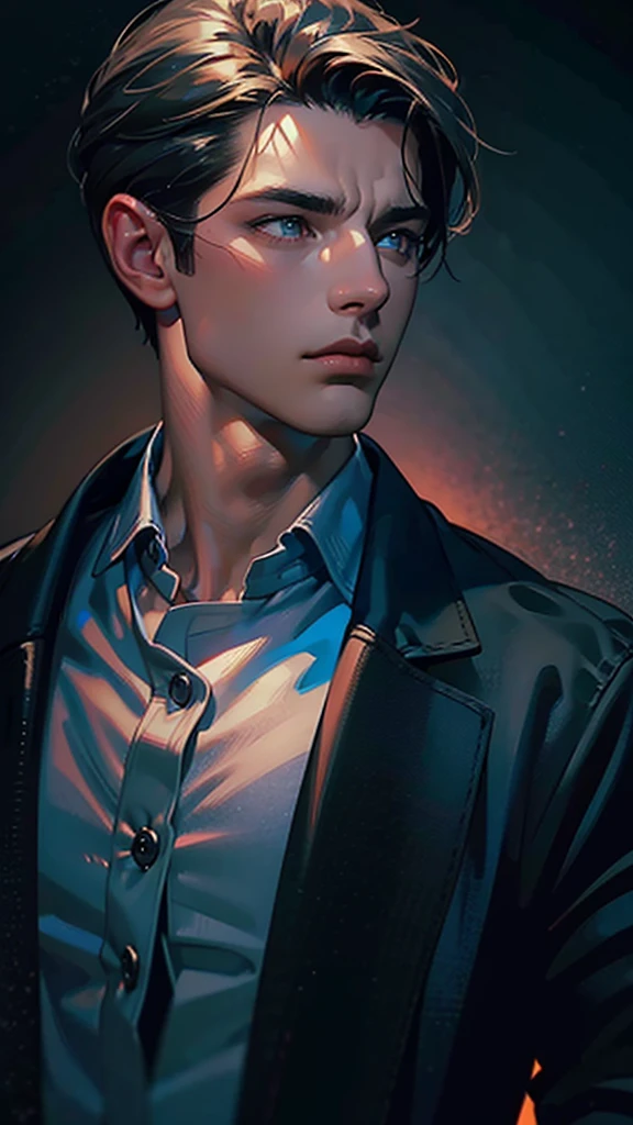 a dark moody portrait of a handsome man, chiaroscuro lighting, dramatic shadows, piercing gaze, intense expression, strong jawline, sculpted facial features, deep set eyes, brooding atmosphere, oil painting, impasto texture, rich color palette, dark grays and blues, highlights and lowlights, dramatic lighting, high contrast, painterly style, cinematic composition, depth of field, photo-realistic, best quality, 4k, ultra-detailed, masterpiece