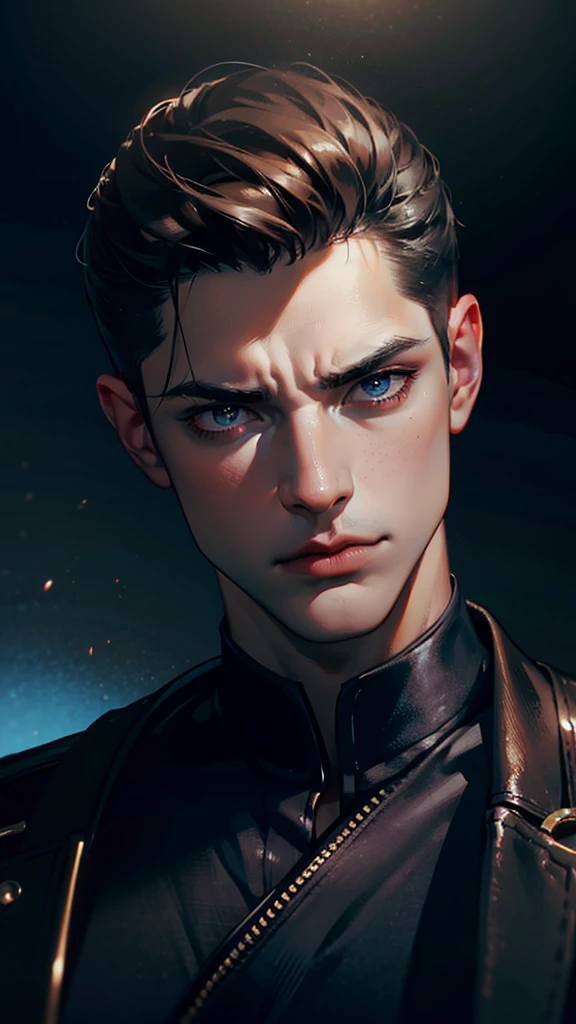 a dark moody portrait of a handsome man, chiaroscuro lighting, dramatic shadows, piercing gaze, intense expression, strong jawline, sculpted facial features, deep set eyes, brooding atmosphere, oil painting, impasto texture, rich color palette, dark grays and blues, highlights and lowlights, dramatic lighting, high contrast, painterly style, cinematic composition, depth of field, photo-realistic, best quality, 4k, ultra-detailed, masterpiece