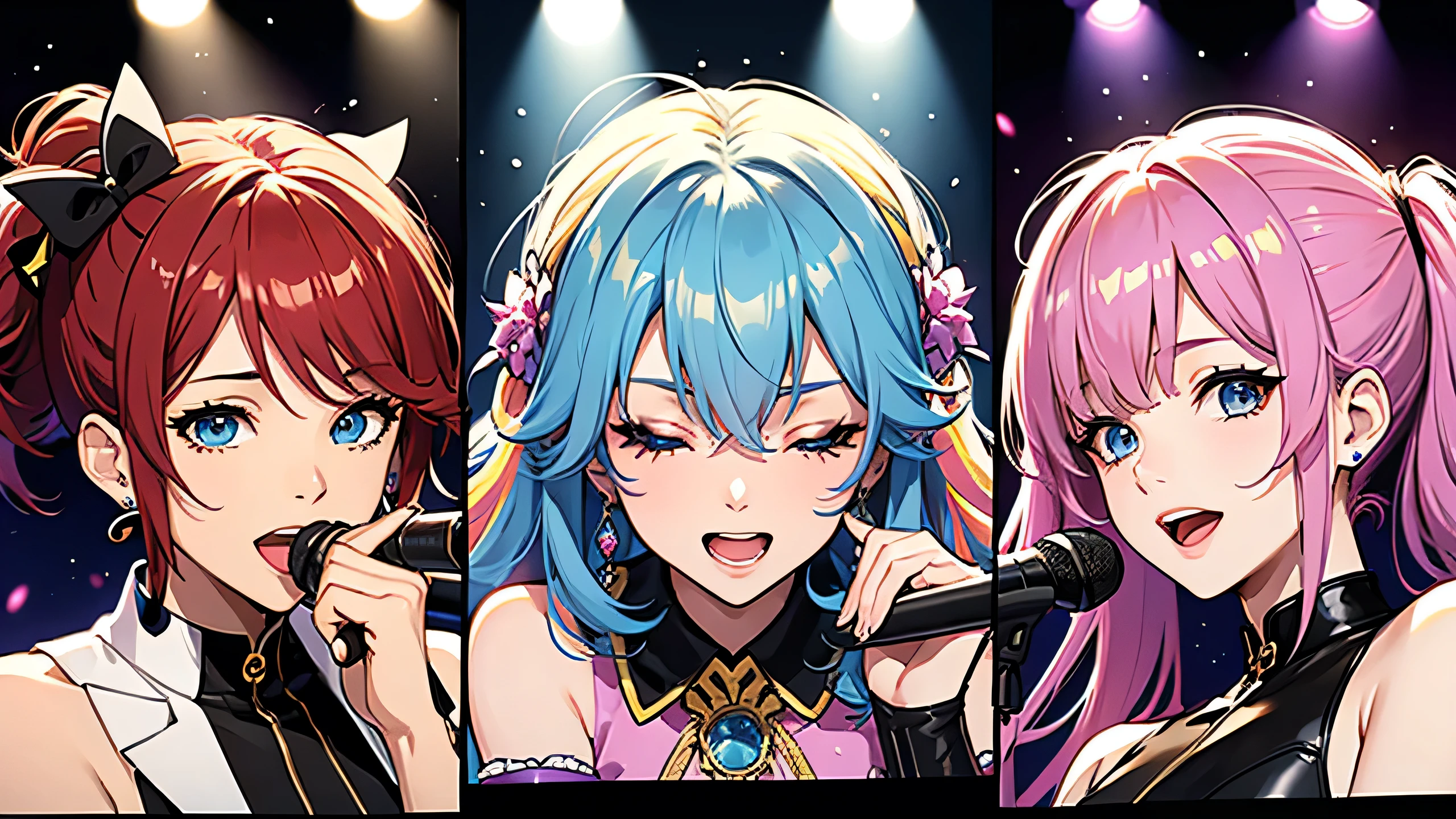 Idol groups singing together。Colorful stage。Close-up of face