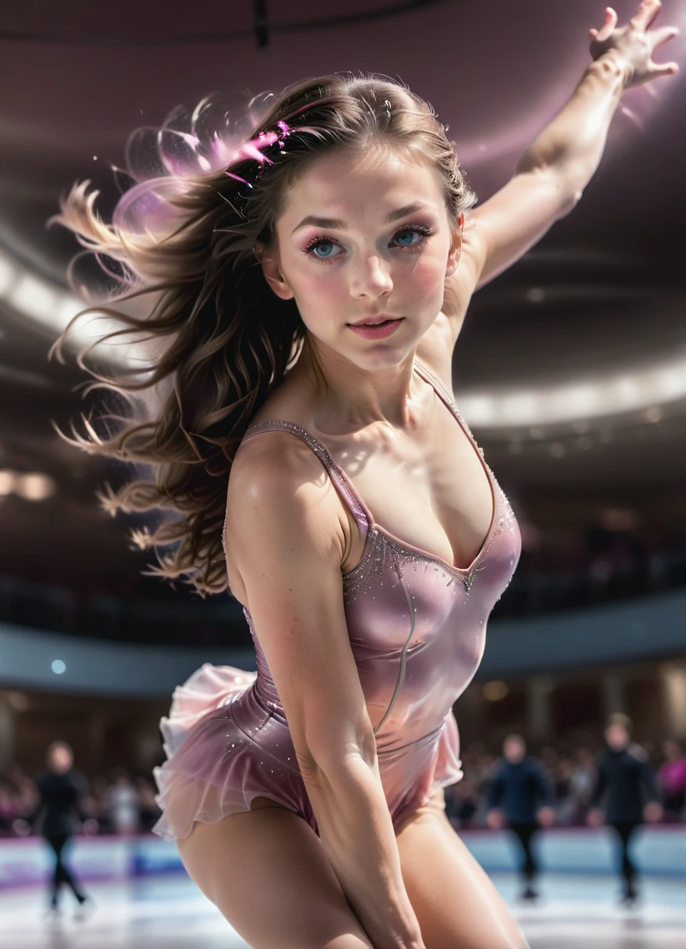 Arafed a sports capture picture of a beautiful ballet dancer dunking at a basketball game,  (dunking at a basketball game: 1.3) at a basketball game, an exotic beautiful ballet dancer, blond hair, long hair, dynamic eyes color, concentrated look, determined look, best detailed face, dynamic skin color, wearing ballet clothes and shoes, and dunking, ultra wide shot, photorealistic, vibrant, Ultra-high resolution, High Contrast, (masterpiece:1.5), highest quality, Best aesthetics), best details, best quality, highres, ultra wide angle, 16k, [ultra detailed], masterpiece, best quality, (extremely detailed),