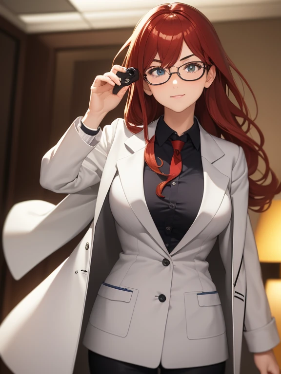((artwork, Best quality)), Front Lighting, (1 woman), (Alone), (female focus), (stand:1.3), (looking forward: 1.3), front camera, straight pose, chubby, nerdy, smart , causal clothes, lab coat, white coat, scientist, chemistry, red glasses, medium hair, (very wide shot:1.5), wavy hair, red hair, hair behind the ear, human ear, green eyes, determined eyes, arrogant smile , arrogant, confident, determined, light reflection, anatomically correct