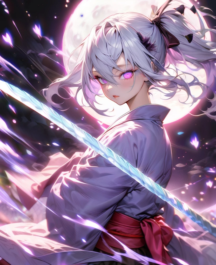 Ultra detailed, highres, absurdres, HDR, master piece,Muichiro, white hair, 6 eyes, violet haori, , Kimetsu No Yaiba, fantasy, half moon purple smoke from sword, girl grabbing a sword, solo, magic, shining purple fireflies, lavender moon, best quality, extremely detailed face and eyes, stars, grabbing a sword ((((Mitsuri from demon slayer))))