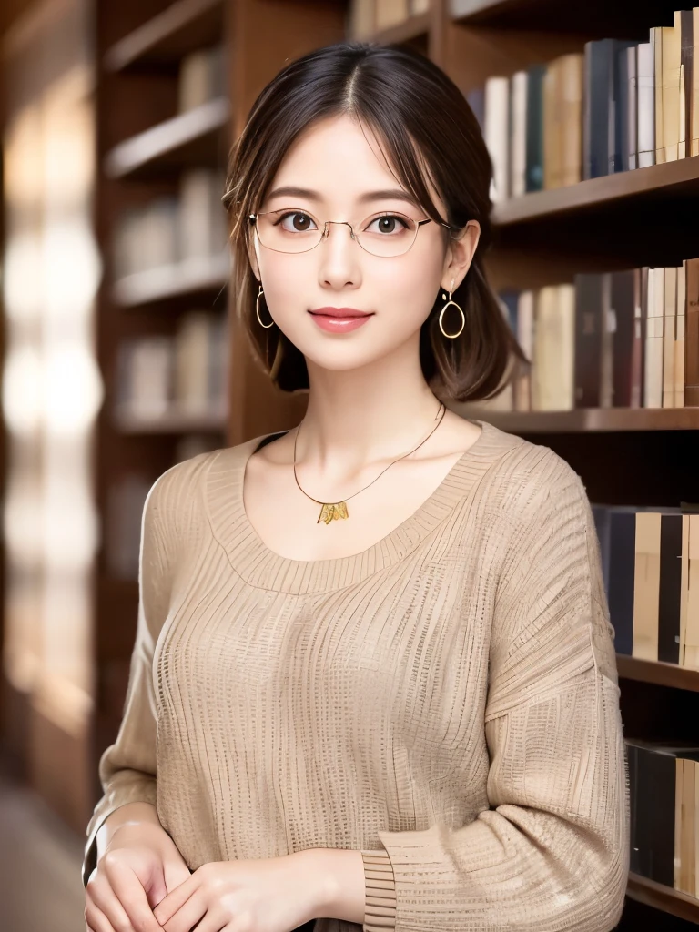 (8k, RAW photo, best quality, masterpiece), (photo realistic), outstanding details, ultra-high resolution, anatomically correct, textured skin, ((Extremely precise and accurate anatomy)),
A cute 28-year-old Japanese woman, librarian arranging books in the library,
(fearless smile),
(Downturned Eyes:1.2), (kind eyes:1.2) , kind Gaze,
(low and small chignon:1.4), (Rimless round glasses),
looking at viewer,
pupils sparkling, thin lips, Mouth slightly open,
dark brown hair, Forehead,
off-white simple summer sweater, simple cotton Light brown flared skirt,
Earrings, Necklace,
Full Shot, whole body, (height: 148cm), High heels Has two legs,Has two arms、Has two legs, You need two arms,
(background Spacious library interior, bookshelves),
(backlighting),
reflection light from below,
atmospheric perspective, depth of field,
(dramatic lighting), cinematic lighting,