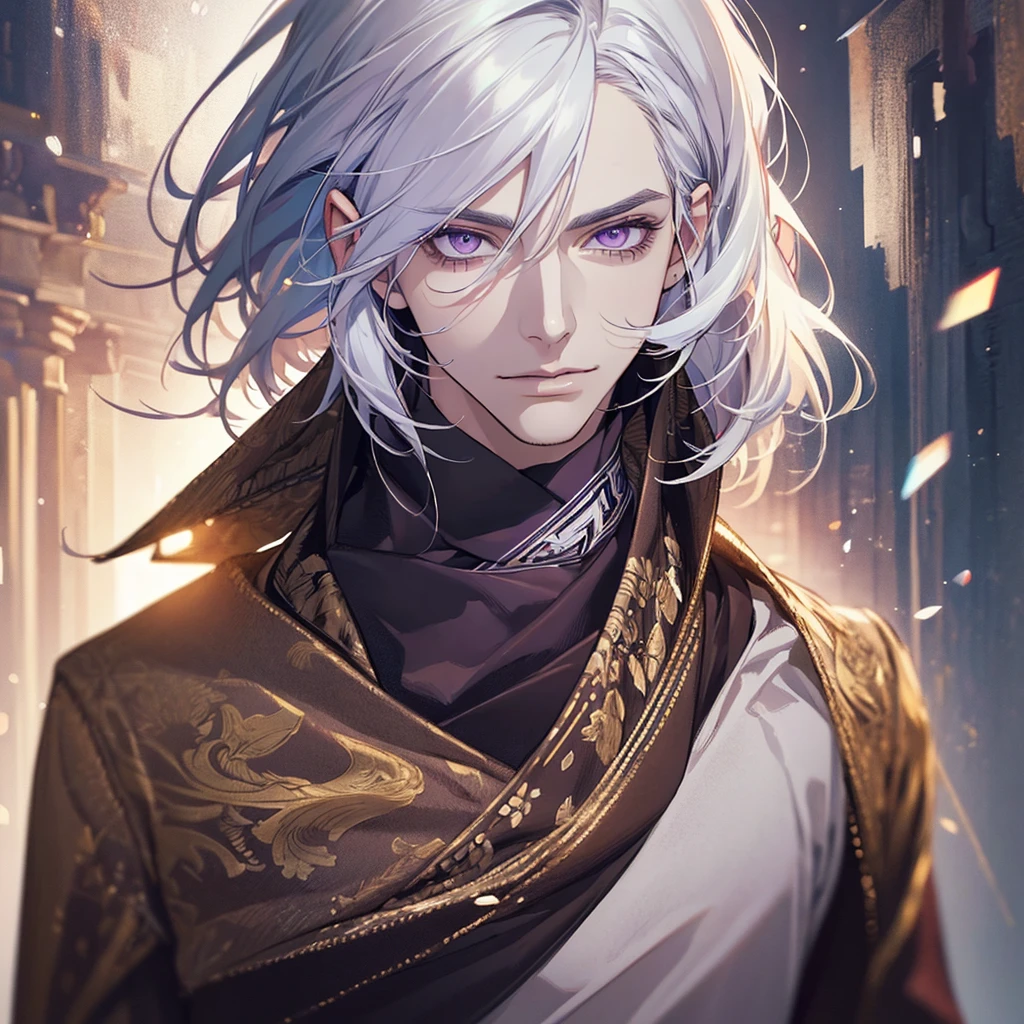 "(best quality,ultra-detailed,realistic:1.37),Medium,portrait,purple eyes,white hair,Man with medium hair,Fine painting style,Detailed facial features,attractive male appearance"