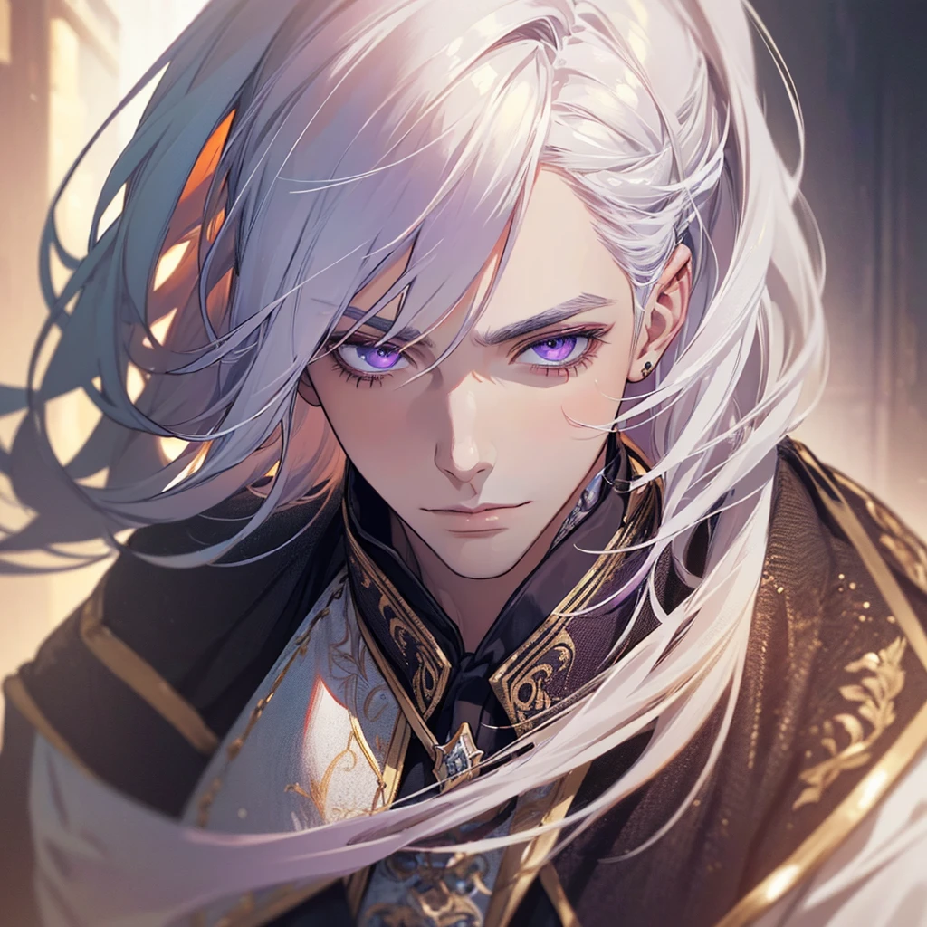 "(best quality,ultra-detailed,realistic:1.37),Medium,portrait,purple eyes,white hair,Man with medium hair,Fine painting style,Detailed facial features,attractive male appearance"