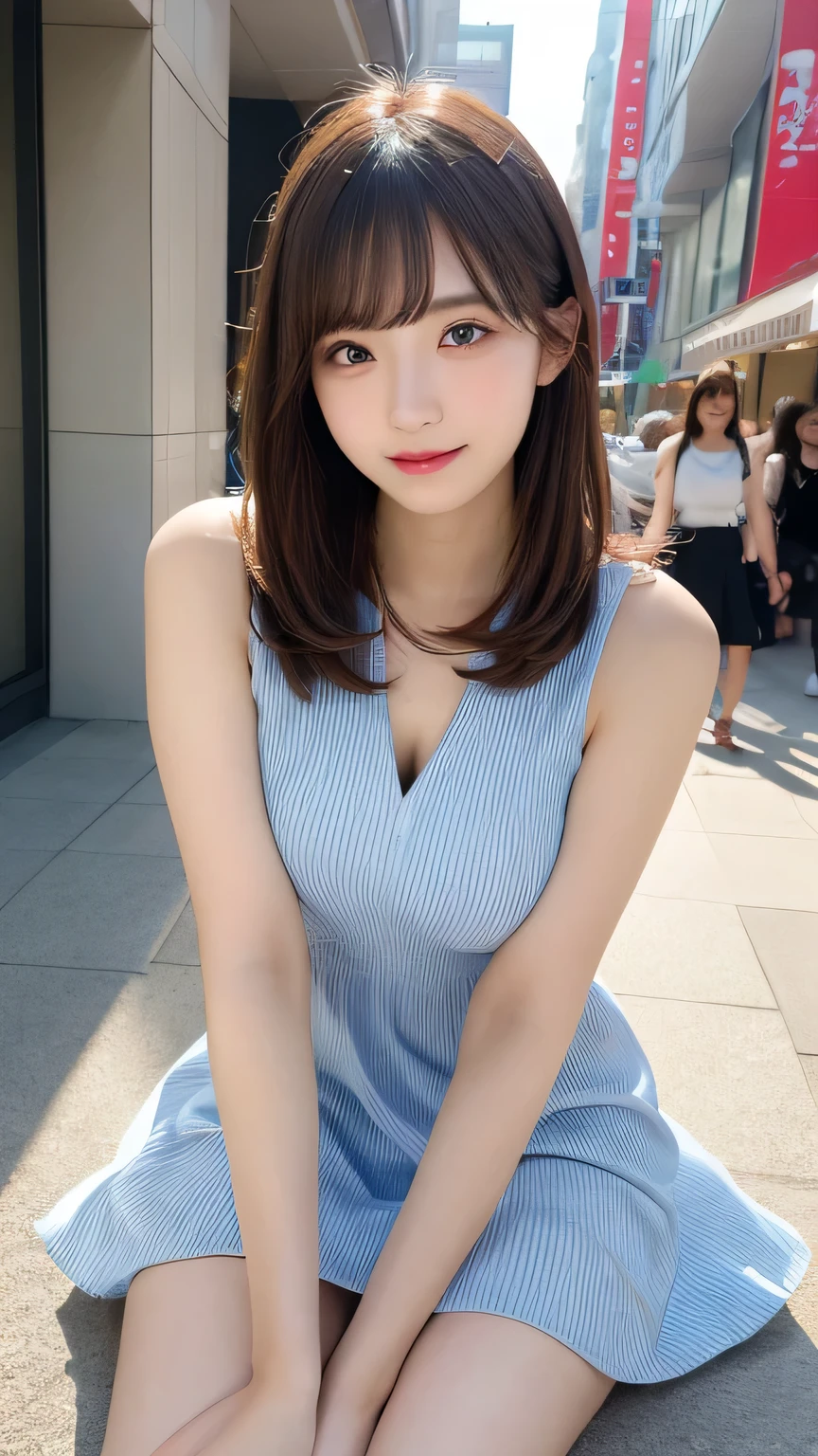 On the table, Highest quality, shape, Very detailed, Finer details, High resolution, 8k wallpaper, Perfect dynamic composition, Beautiful and delicate eyes, pain,Medium Hair, Big Breasts, Natural color lips, Casual and sexy pose,smile,Aoyama Pedestrian Street、Sleeveless dress、20-year-old girl、Slim shape